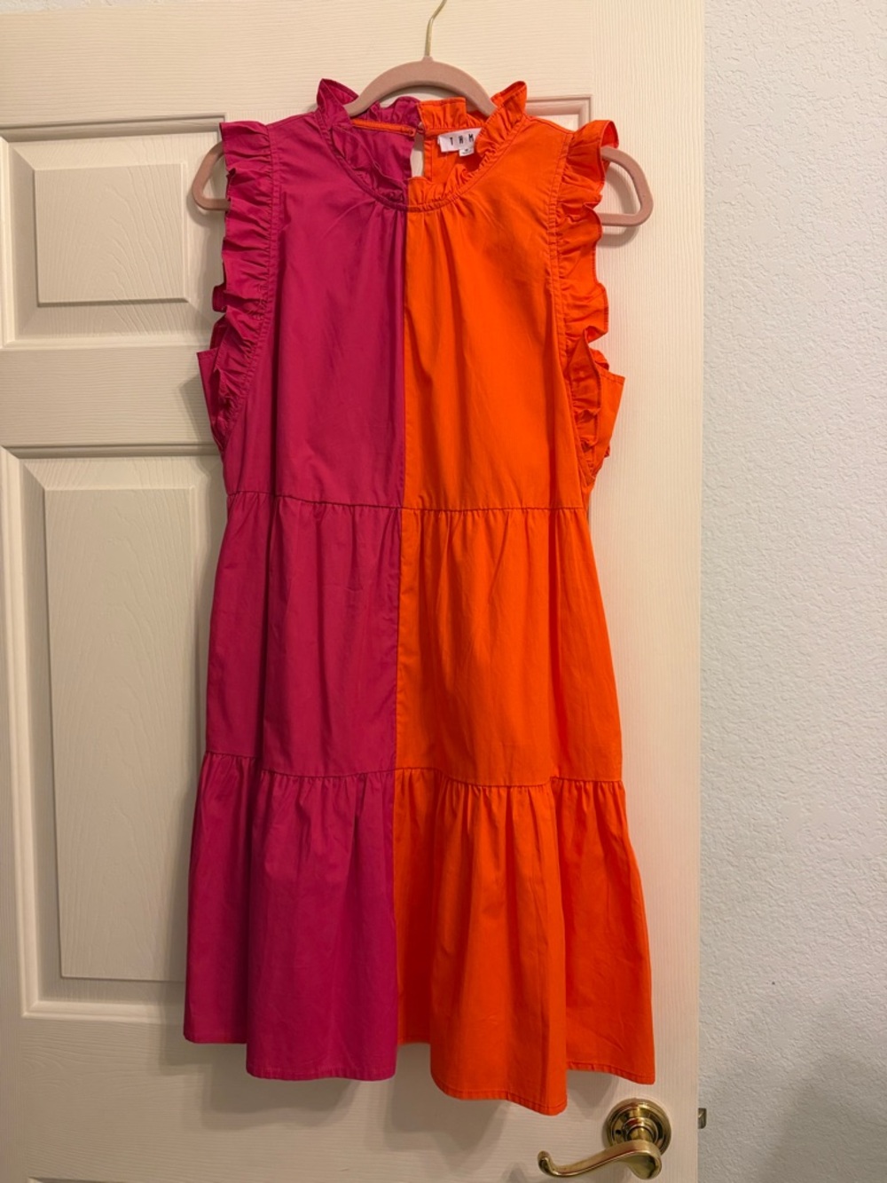 THML Two-Tone Pink and Orange Ruffle Midi Dress